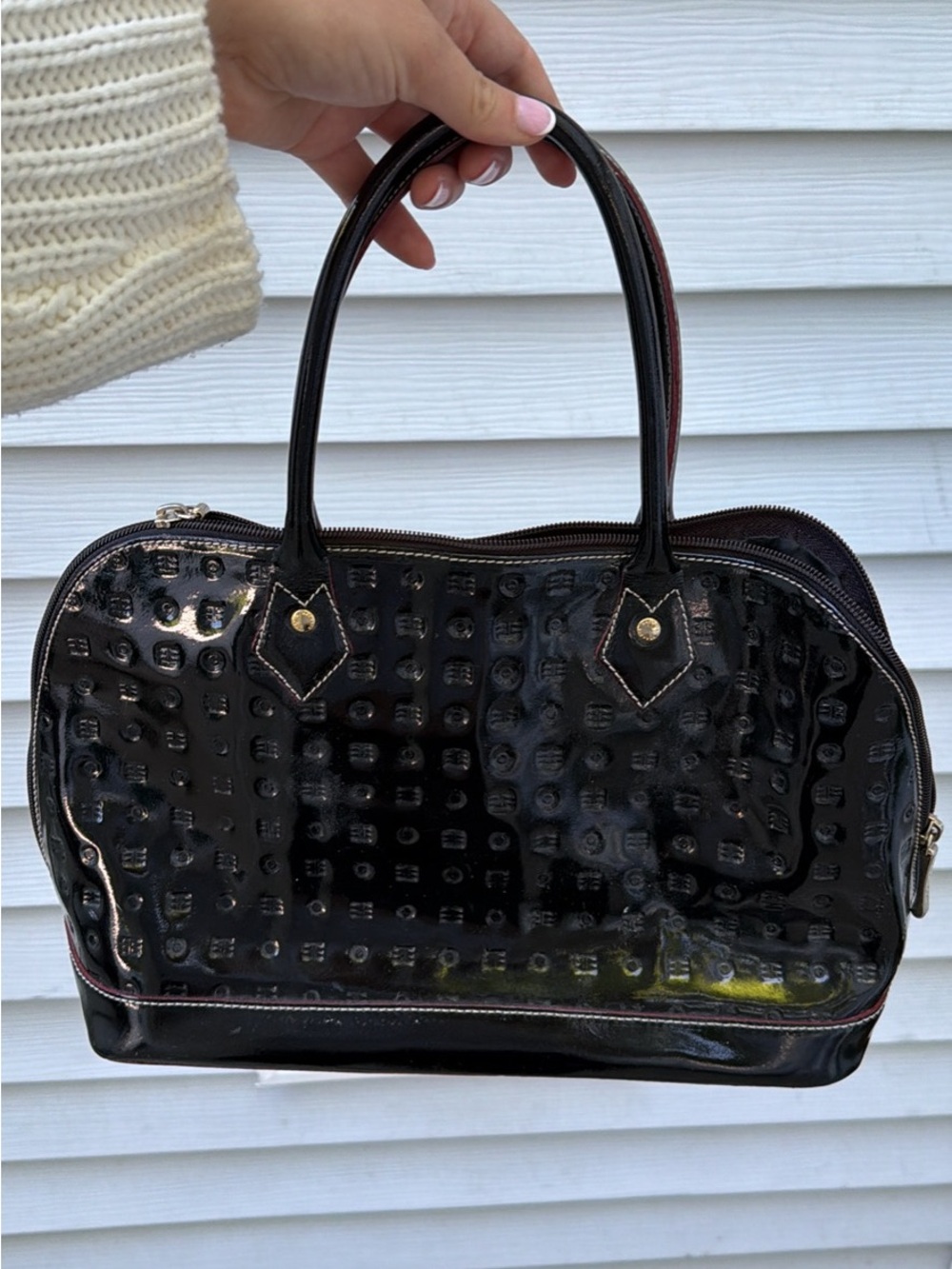 Arcadia Black Patent Embossed Satchel with Subtle Red Trim